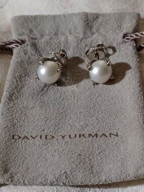 David Yurman Cable Pearl Stud Earrings with Diamonds, SS, 14mm